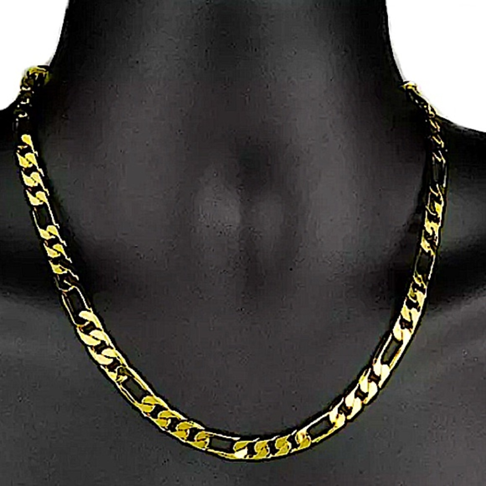 18K GOLD PLATED CUBAN FIGARO CHAIN LINK UNISEX NECKLACE BRACELET SET - Picture 13 of 14